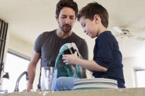 Pai e filho fazendo lavar a louça tarefas — Fotografia de Stock