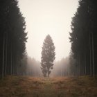Árbol solitario en bosque brumoso - foto de stock