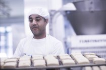 Hombre trabajando en fábrica de producción de alimentos llevando bandeja - foto de stock