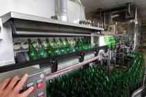 Person bedient Abfüllanlage in industriellem Weinkeller — Stockfoto