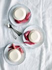 Top view of panna cotta desserts with rhubarb on saucers — Stock Photo
