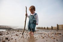 Тодлер грає з палицею на пляжі, низький кут зору — стокове фото