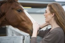 Female stablehand petting chestnut horse in stables — Stock Photo