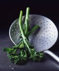 Close up shot of boiled broccolini on perforated ladle — Stock Photo