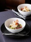 Bowls of prawns, broadbeans and rice — Stock Photo