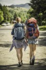 Rear view of teenage girl and young female hiker hiking on rural road, Red Lodge, Montana, USA — Stock Photo
