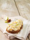 Grated cheese and red onion on wholemeal bread with apple wedges — Stock Photo
