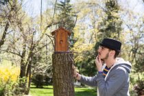 Uomo che guarda birdhouse con mano sul mento — Foto stock