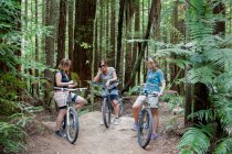 Tre donne medio adulte mountain bike utilizzando smartphone nella foresta — Foto stock