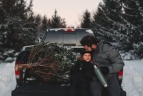 Vater und Tochter auf dem Rücksitz eines Pick-ups mit Weihnachtsbaum — Stockfoto
