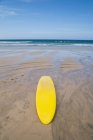 Желтая доска для серфинга на песчаном пляже при солнечном свете — стоковое фото