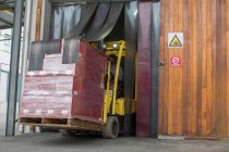Cape Town, South Africa, male forlklift driver carrying crartes of boxes throgh area in packaging factory — Stock Photo