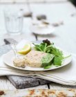 Still life of prawn and asparagus terrine slice and salad leaves with lemon — Stock Photo