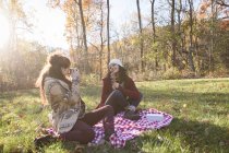 Женщина фотографирует друга, сидя на одеяле для пикника и смеясь — стоковое фото