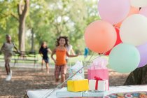 Outdoor birthday party with balloons — Stock Photo