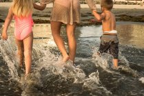 Молода сім'я прогулюється по воді, вид ззаду — стокове фото
