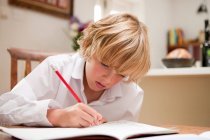 Niño en casa escribiendo en el libro de texto de la escuela en la mesa del comedor - foto de stock