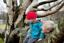 Nonno e ragazzo seduti su un ramo d'albero — Foto stock