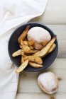 Bread rolls and homemade chips, top view — Stock Photo