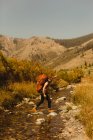 Mann mit Rucksack überquert Bach, Mineral King, Sequoia National Park, Kalifornien, USA — Stockfoto