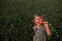 Portrait of young girl, eating freshly picked carrot — Stock Photo