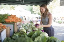 Женщина в фруктово-овощной ларьке выбирает красный лук — стоковое фото