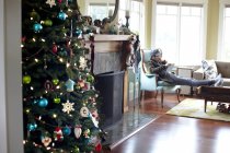 Uomo con tablet digitale in camera con albero di Natale — Foto stock