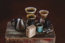Hochwinkelaufnahme der Auswahl an Kaffeemaschinen, Stillleben — Stockfoto