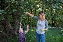 Mother helping daughter reach apple on tree — Stock Photo