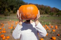 Front view of person holding pumpkin in front of face — Stock Photo