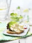 Coronation chicken mayo on lettuce with seeded bread and radishes on garden table — Stock Photo