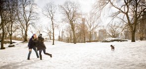 Casal jovem com cão brincando no parque central nevado, Nova York, EUA — Fotografia de Stock