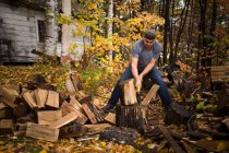 Mid adult man splitting logs in autumn forest, Upstate New York, USA — Stock Photo