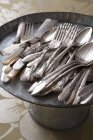 Close up of Vintage cutlery on metal tray — Stock Photo