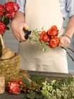 Abgeschnittenes Bild eines Blumenhändlers, der Blumen im Geschäft trimmt — Stockfoto