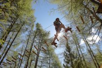 Persona che fa percorso ad ostacoli sulla cima degli alberi — Foto stock