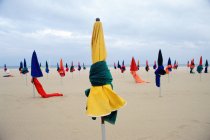 Umbrellas on empty sandy beach with sea on horizon — Stock Photo