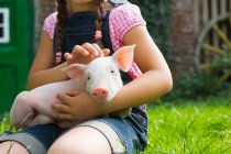 Обрізаний знімок дівчини, що тримає свиню, сидячи на траві — стокове фото