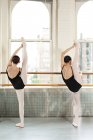 Visão traseira de bailarinas levantando pernas — Fotografia de Stock