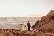 Rückansicht männlicher Wanderer mit Blick über die Wolken, Mineralkönig, Mammutbaum-Nationalpark, Kalifornien, USA — Stockfoto