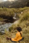 Женщина сидит у ручья, вид сзади, Минерал Кинг, Национальный парк Секвойя, Калифорния, США — стоковое фото