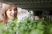 Young woman choosing plants from stall — Stock Photo
