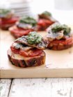 Toast with tomatoes and meat — Stock Photo