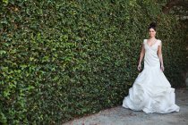 Young woman wearing wedding dress, standing by hedge — Stock Photo