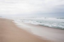 Пляжная сцена с туманным горизонтом — стоковое фото
