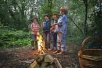 Quatro meninos brindando marshmallows na fogueira na floresta — Fotografia de Stock