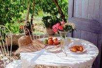 Served garden table with hat with ornate chairs — Stock Photo