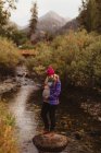 Pregnant woman, standing on rock in creek, holding stomach, Mineral King, Sequoia National Park, California, USA — Stock Photo