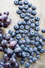 Верхний вид спелых винограда и черники на стол — стоковое фото