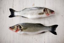 High angle view of two fresh salmons on wooden tabletop — Stock Photo